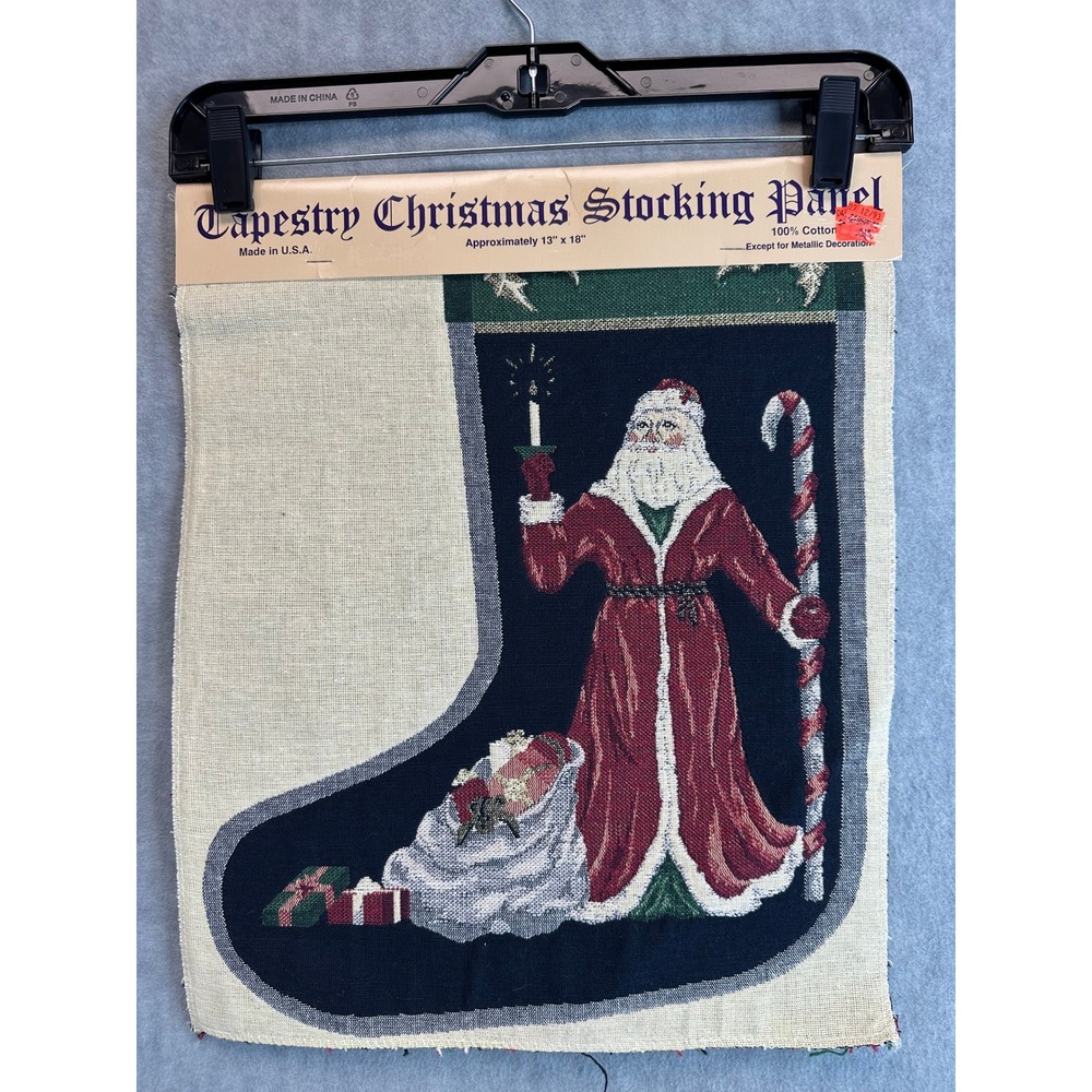 Christmas Stocking Panel Tapestry Old World Santa Candy Cane‎ Gift Bag 13x18 VTG